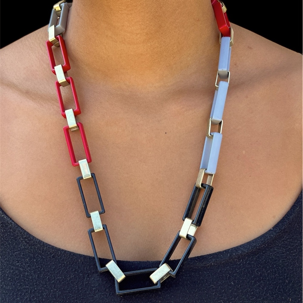 Vintage 90s Red Black Gray Gold Rectangle Link Necklace.